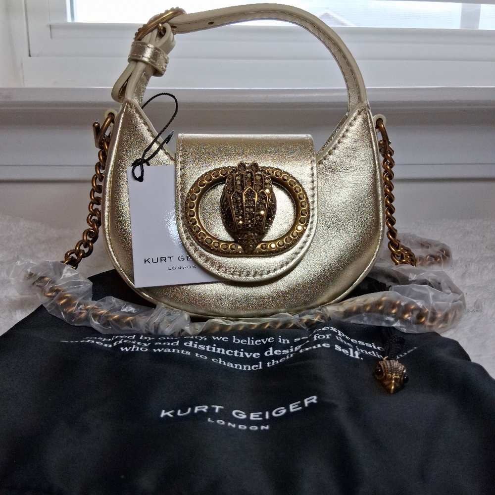 NWT Kurt Geiger London Micro Chelsea Hobo In Gold Metallic Leather With Dustbag.